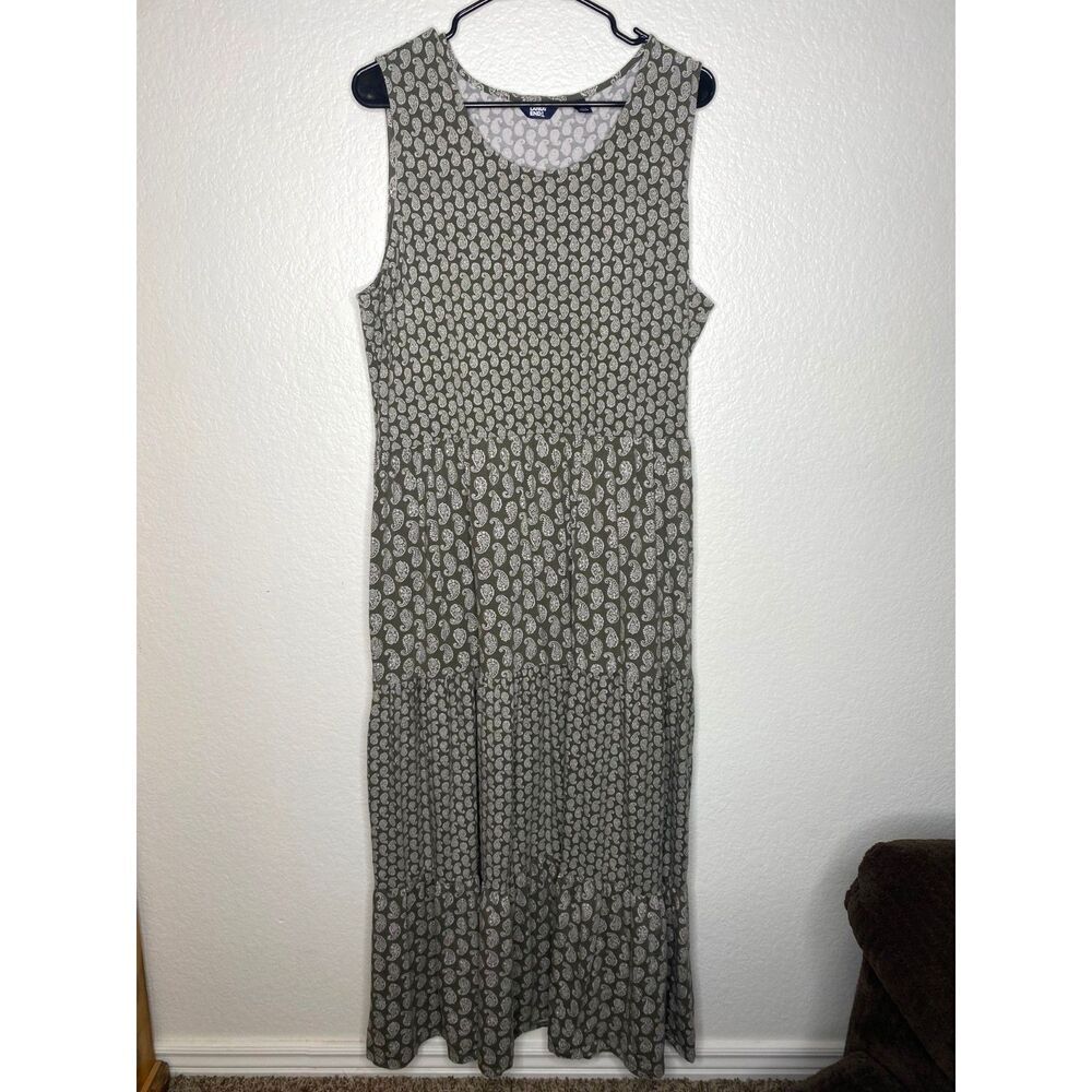 Lands end womens sleeveless tiered maxi dress green boho geometric cotton XL
